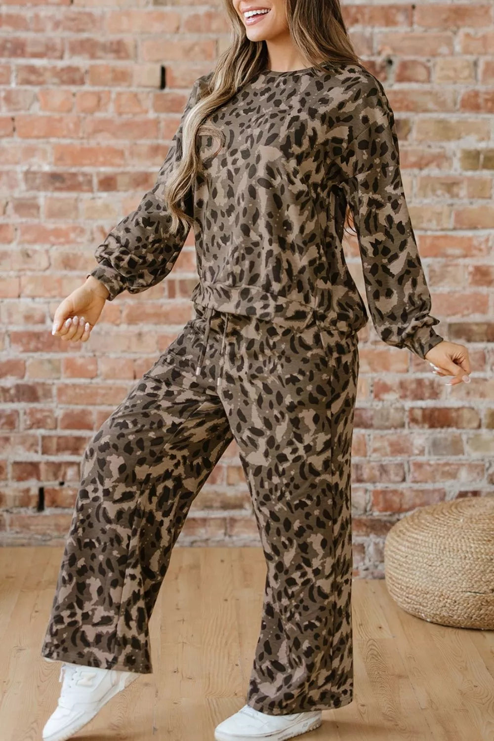 Leopard Print Long Sleeve Top and Pants Set