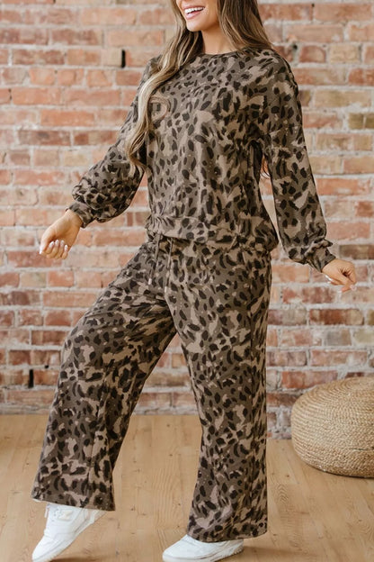 Leopard Print Long Sleeve Top and Pants Set