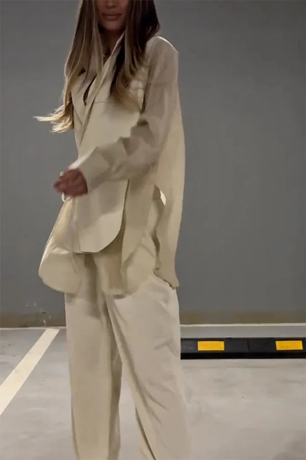 Ensemble veste à lacets irréguliers en mousseline de soie chic et élégant et pantalon droit à poches