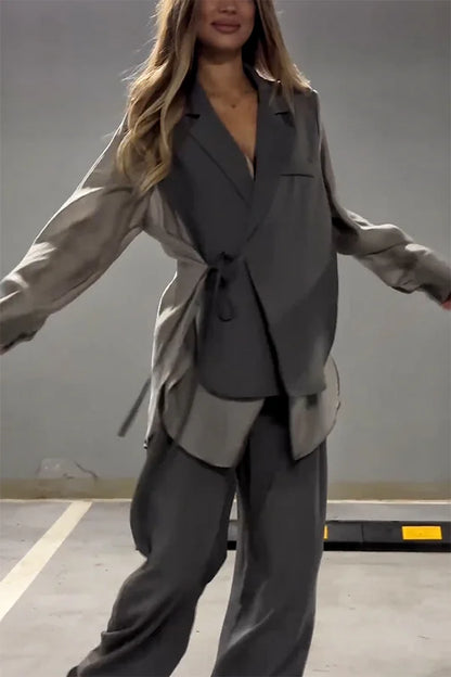 Ensemble veste à lacets irréguliers en mousseline de soie chic et élégant et pantalon droit à poches