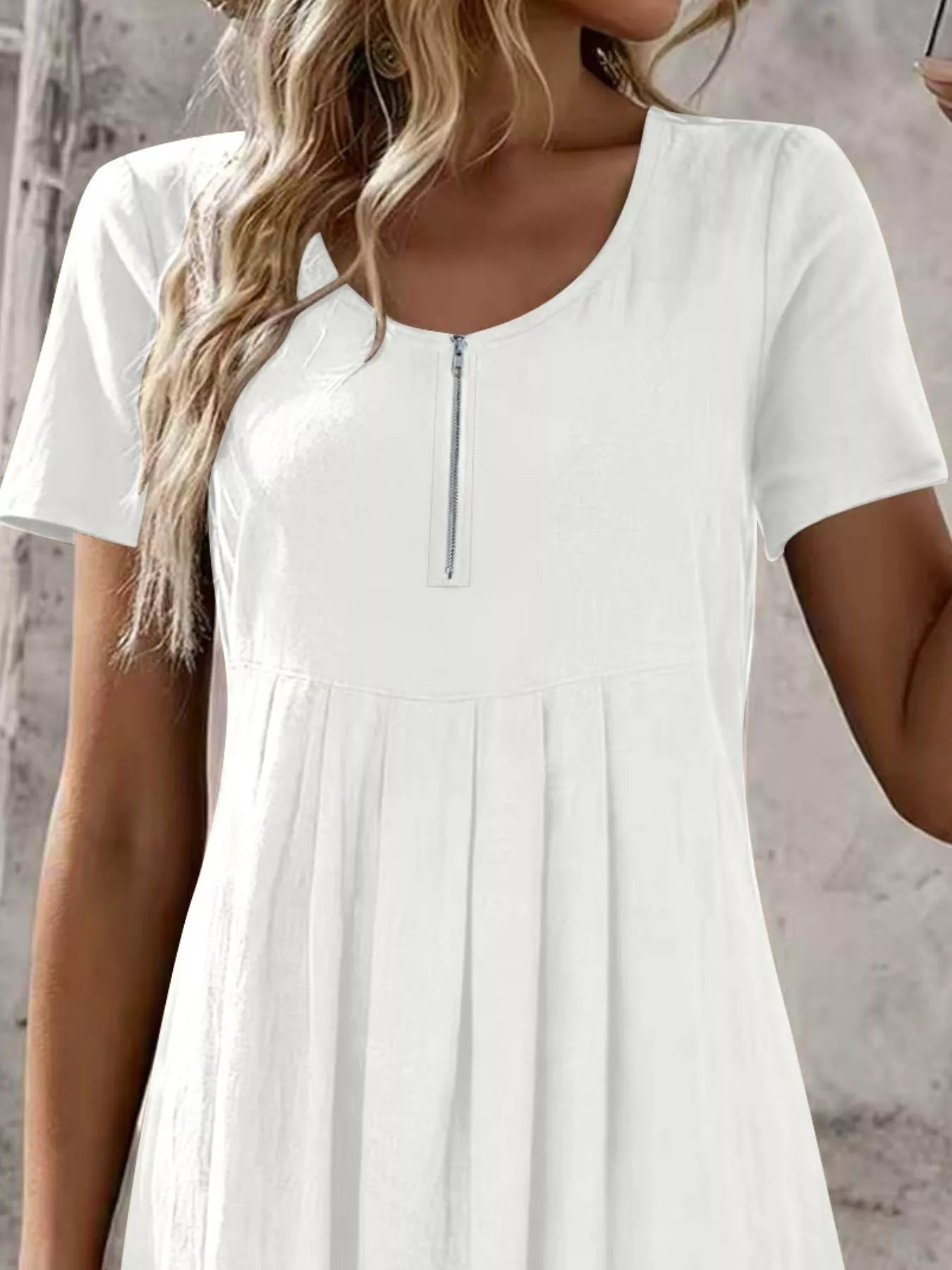 Zipper-Front Short Sleeve A-Line Dress