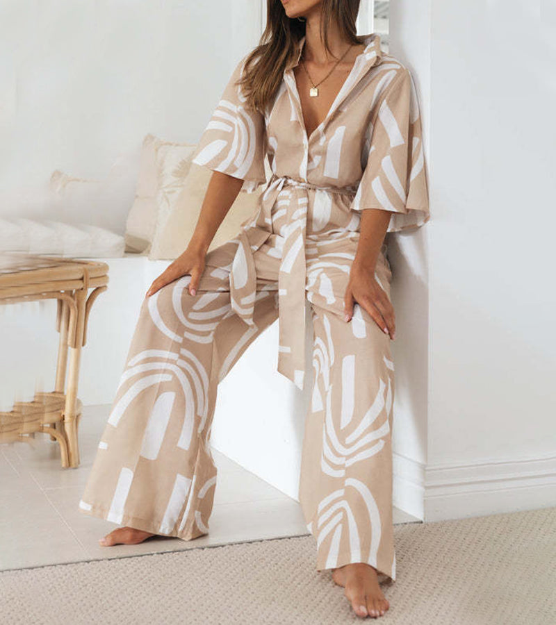 Leaves Printed Lapel, Five-quarter Sleeves and Belted Long Jumpsuit