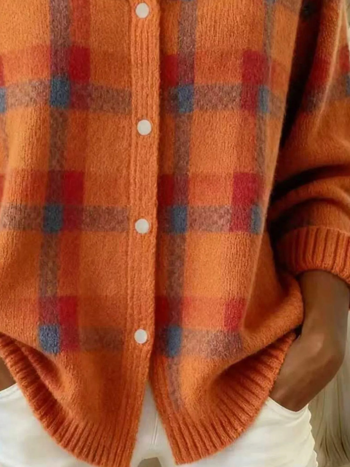 Full Size Plaid Button-Down Knit Cardigan Plus Size