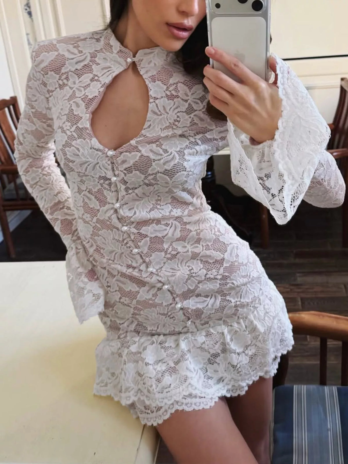 Lace Long-Sleeve Ruched Mini Dress