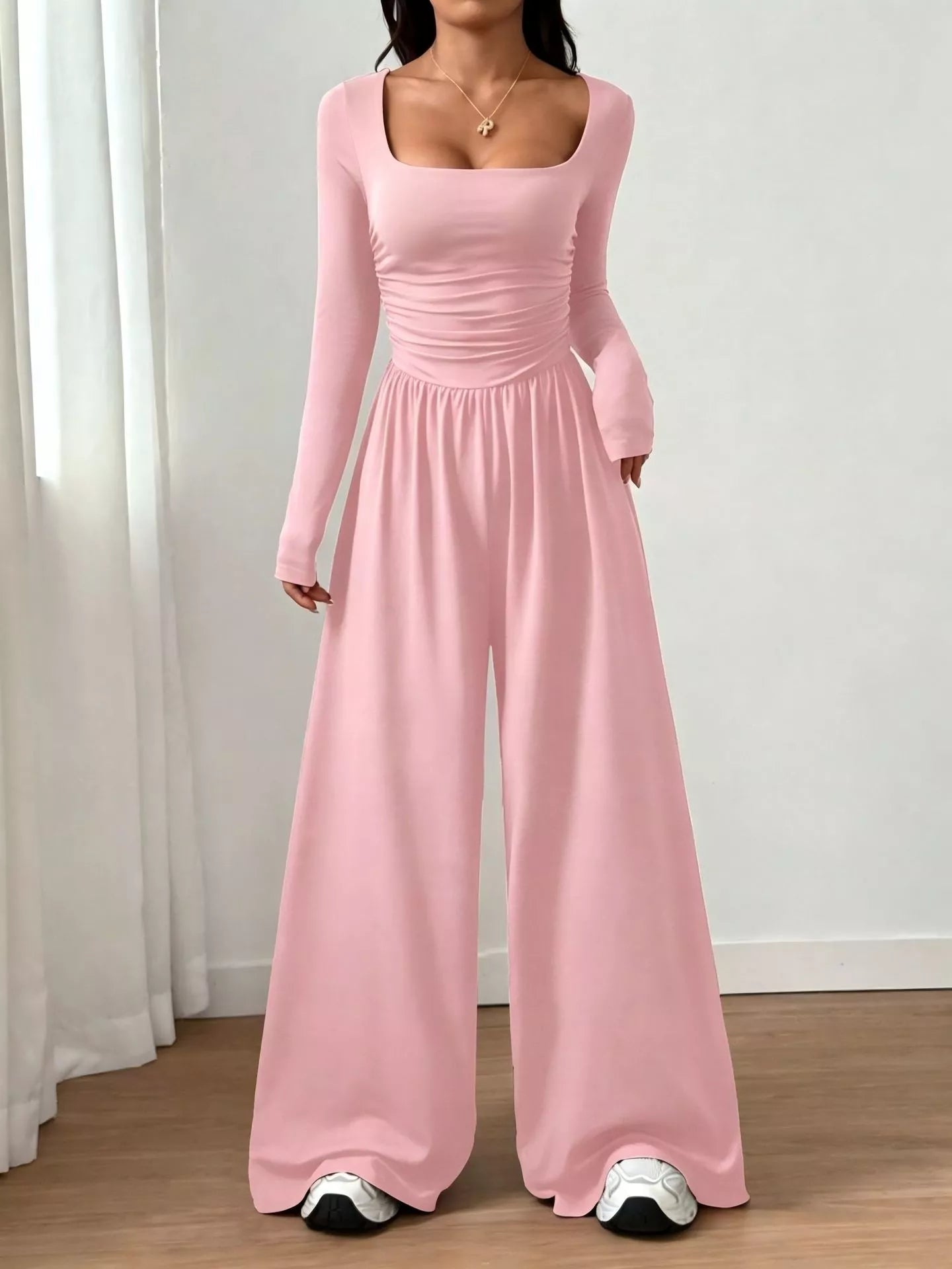 Ruched Square Neck Wide-Leg Jumpsuit