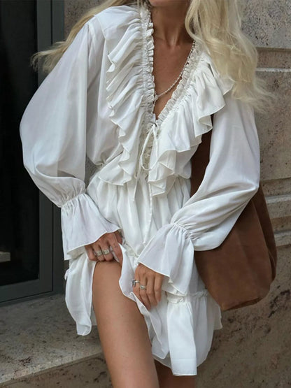 Ruffled V-Neck Long Sleeve Mini Dress