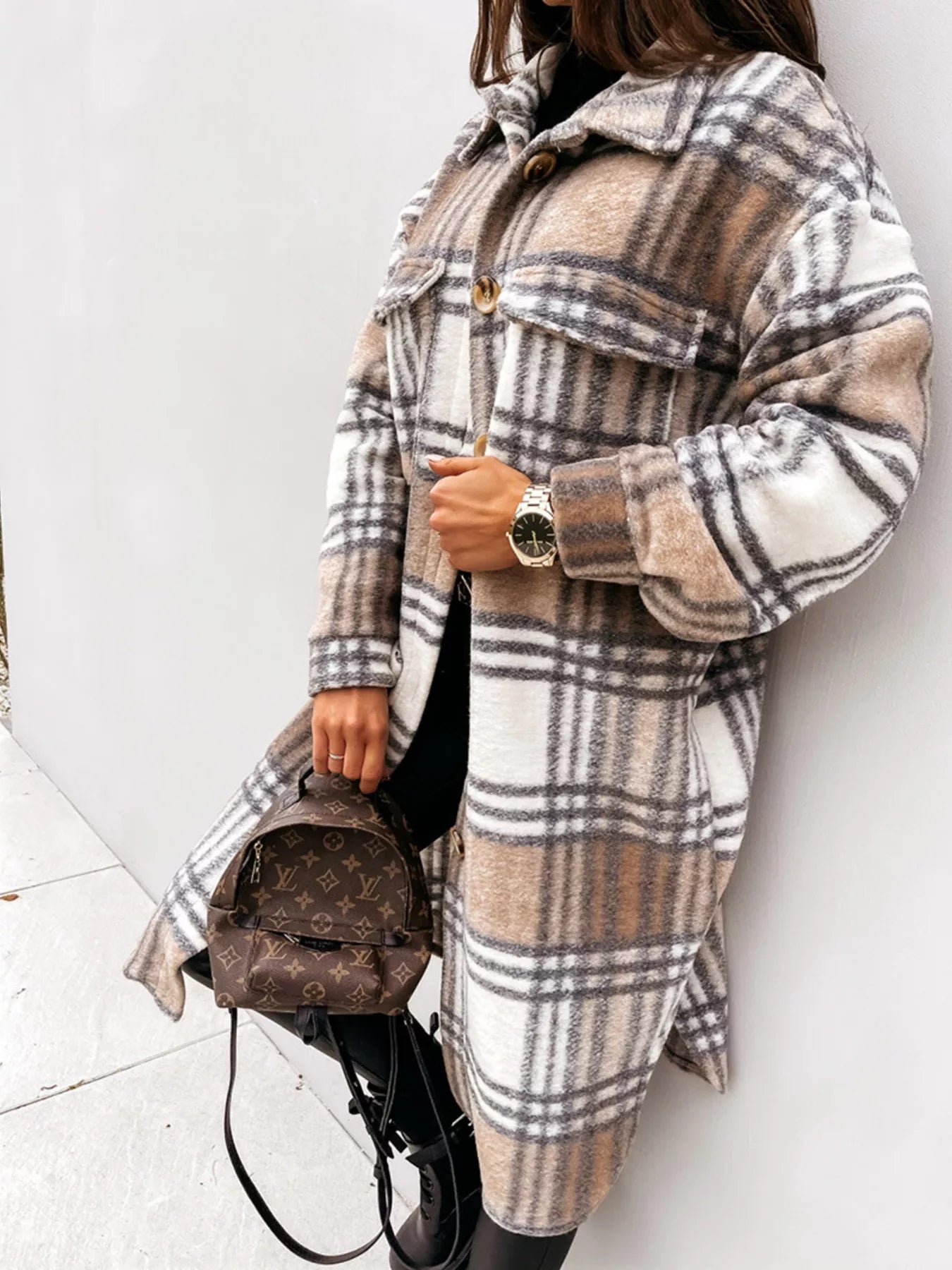 Longline Plaid Button-Up Coat for Women | Boutique Outerwear