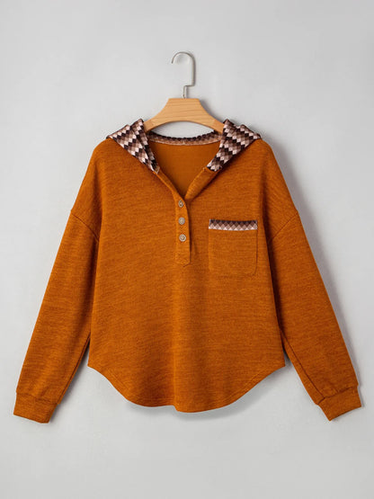 Contrast Plaid Hood Patchwork Chest Pocket Henley Top