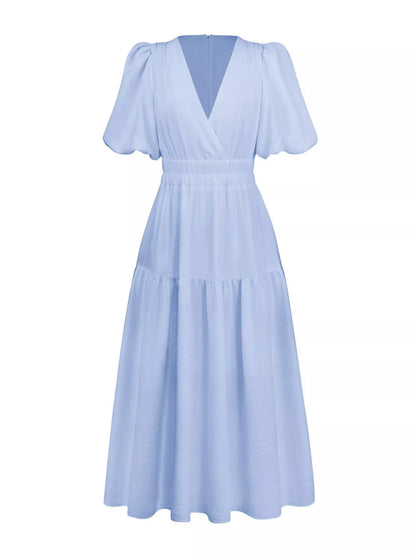 Elegant Puff Sleeve V-Neck Midi Dress