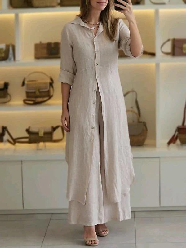 Cotton Linen Waist Long Shirt & Wide Leg Pants Two-Piece Set