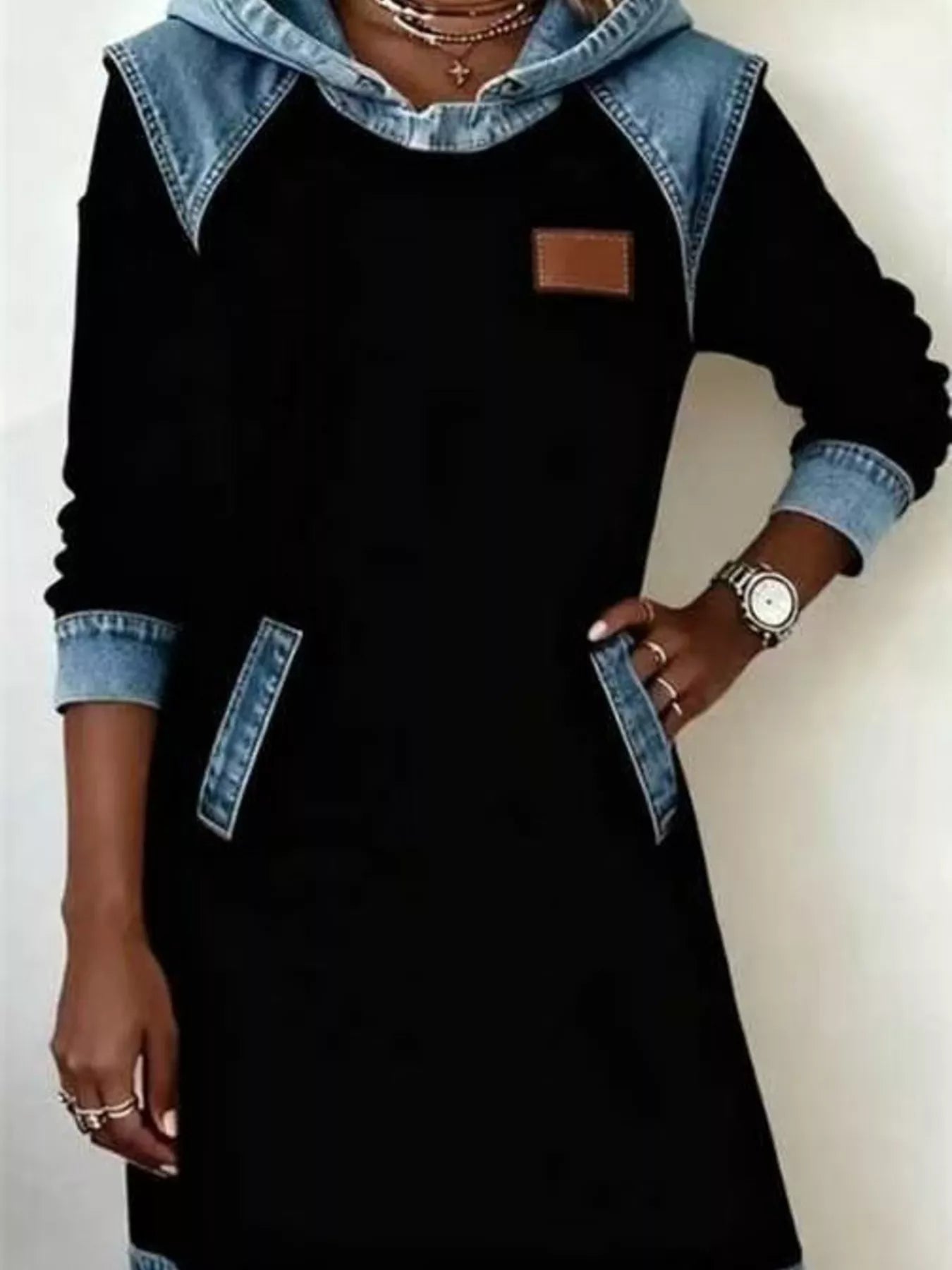 Full Size Denim Patchwork Hooded Sweatshirt Dress Plus Size