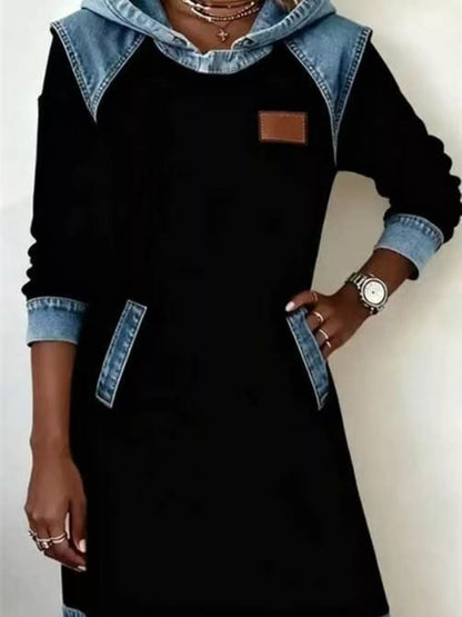 Full Size Denim Patchwork Hooded Sweatshirt Dress Plus Size