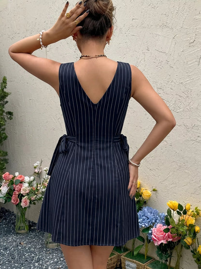 Striped Sleeveless Tie Waist Dress