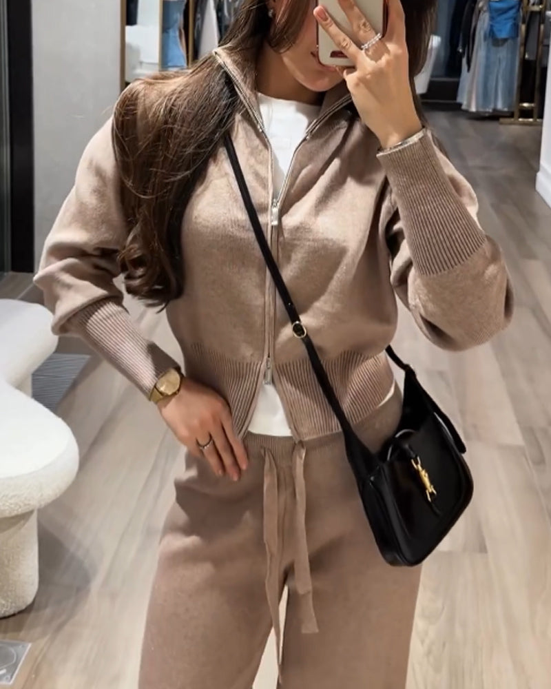 Casual Comfortable Solid Color Knitted Jacket & Pants Two-Piece Set