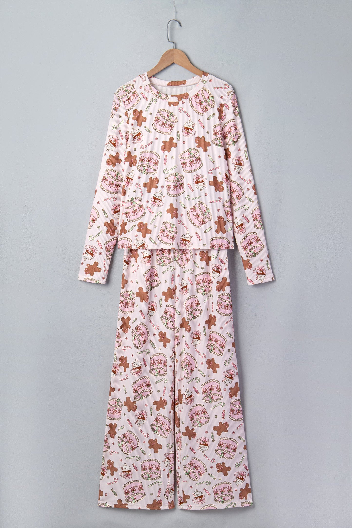 Pink Abstract Christmas Print Long Sleeve Two Piece Lounge Set