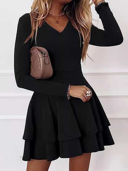 V-Neck Long Sleeve Layered Ruffle Mini Dress