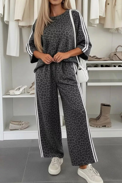 Leopard Print Varsity Striped Detail 3/4 Sleeve Top Shift Pant Set