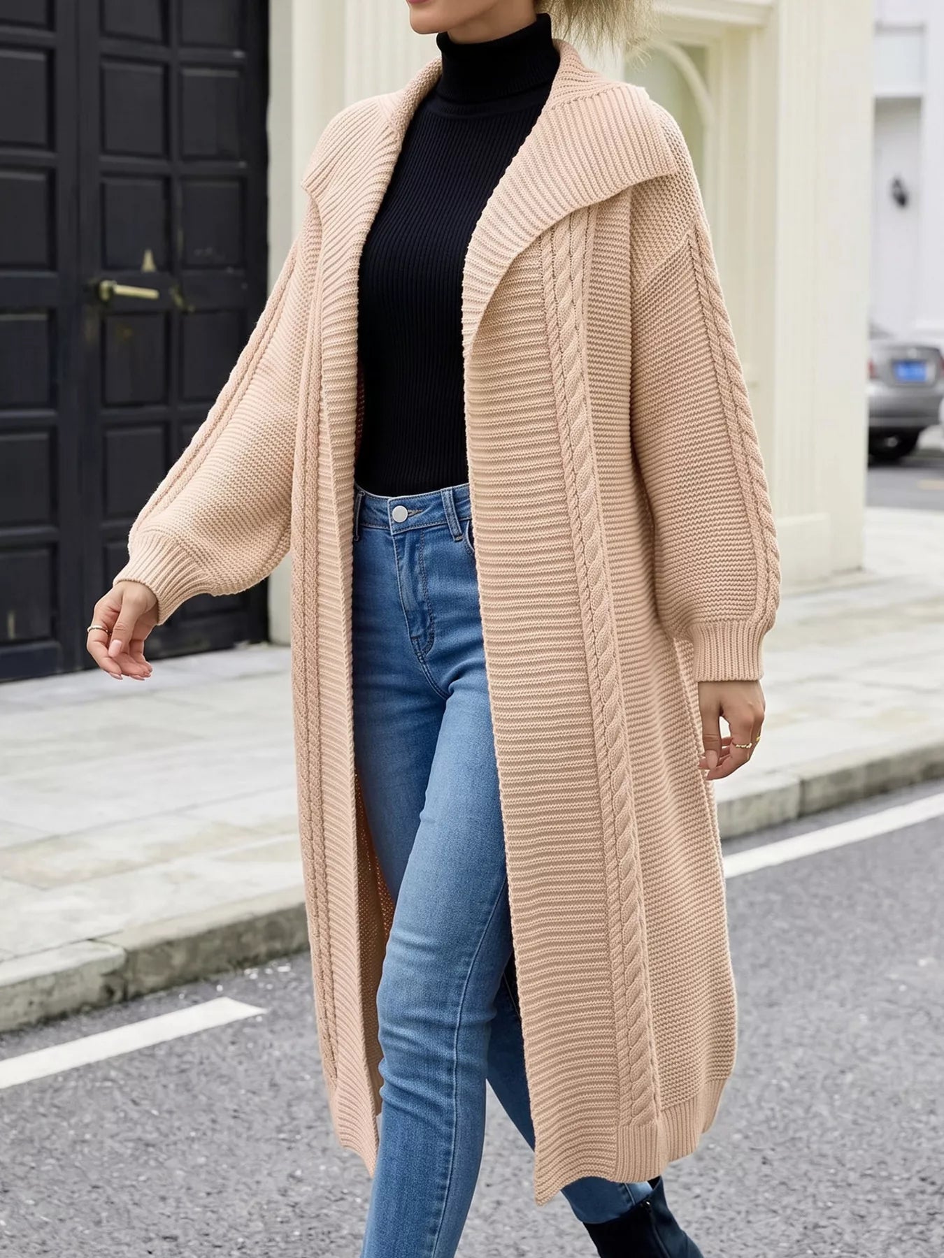 Cable-Knit Open-Front Longline Cardigan