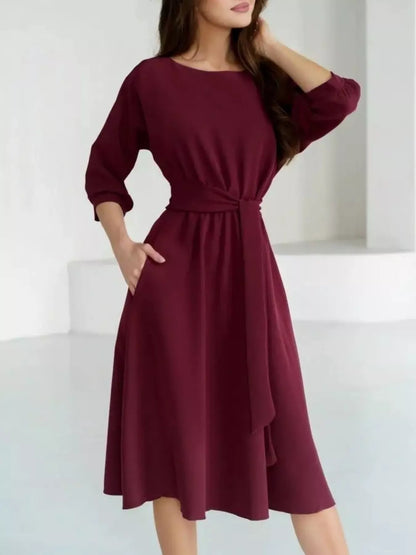 Elegant Belted Waist Midi Dress