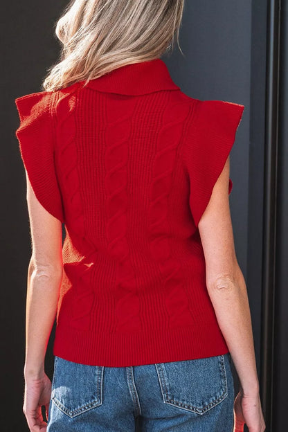 Cable Knit Turtleneck Ruffled Short Sleeve Sweater