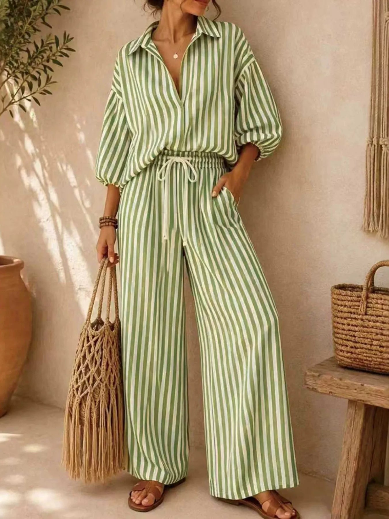 : Plus Size Striped Puff Sleeve Shirt & Wide-Leg Pants Set