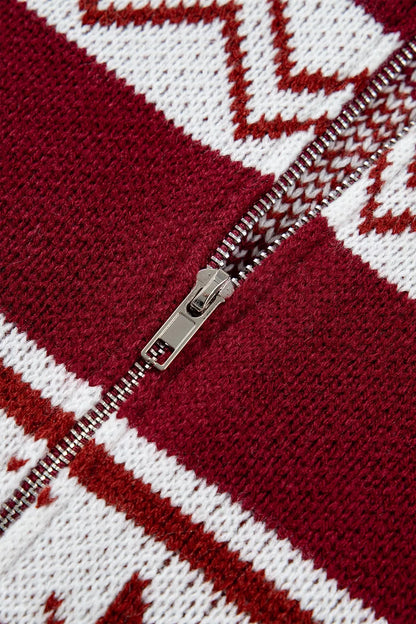 Geometric Pattern Zip-Up Knit Long Sleeve Regular Fit Cardigan