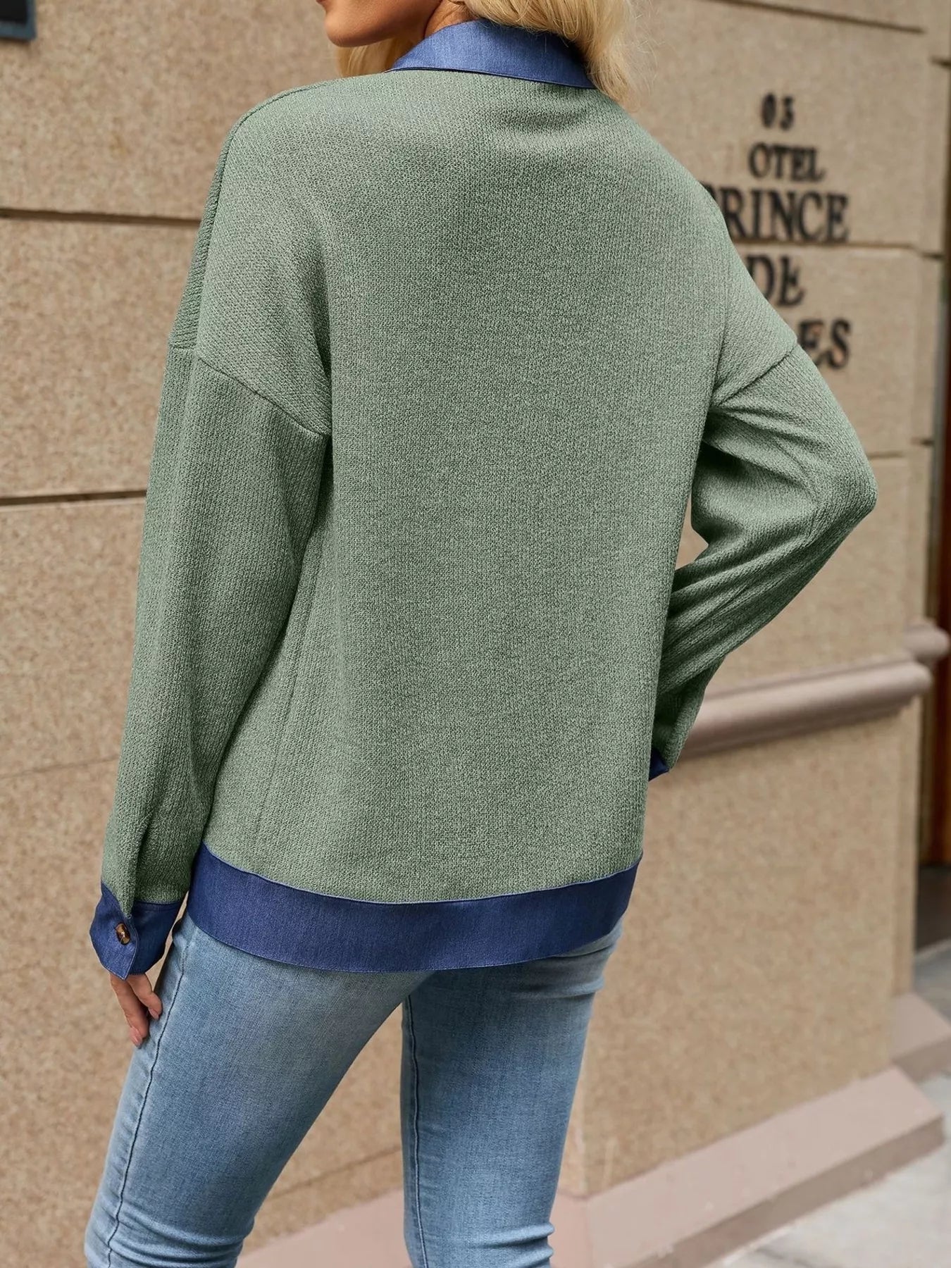 Contrast Denim Collar Zip Up Outerwear