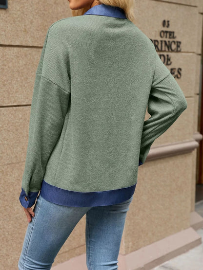 Contrast Denim Collar Zip Up Outerwear