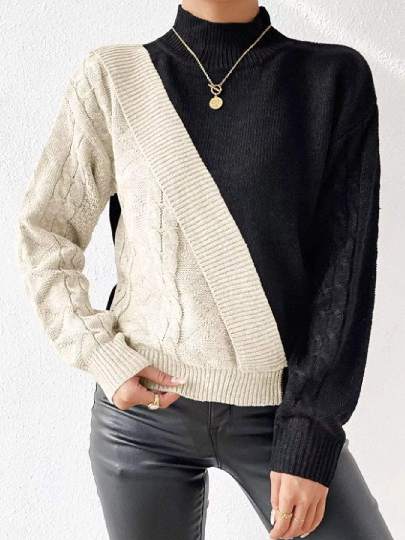 Color Block Cable Knit Mock Neck Sweater