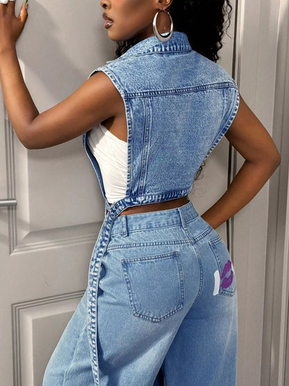 High-Low Open Front Denim Vest