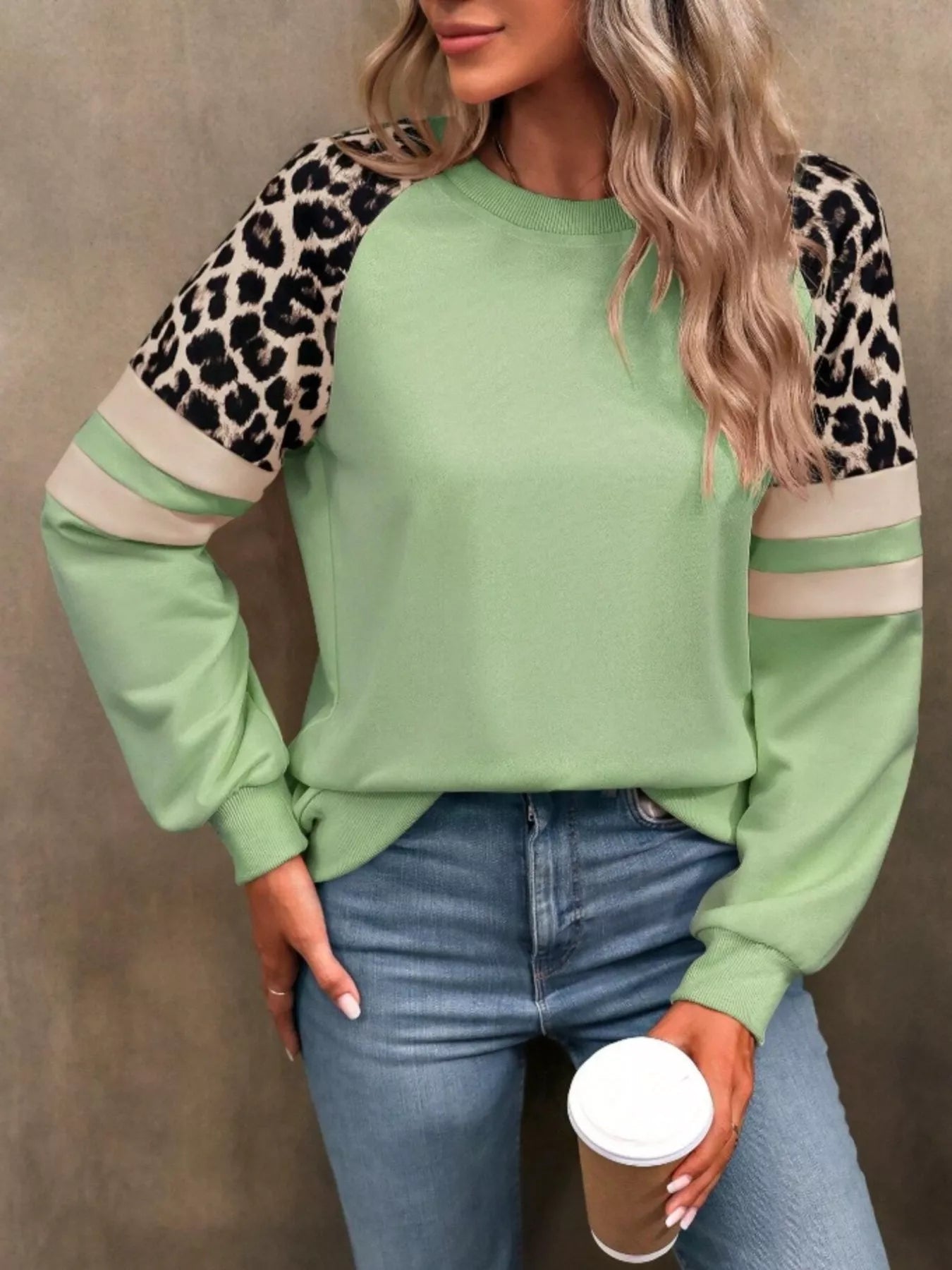 Leopard Round Neck Raglan Sleeve Sweatshirt