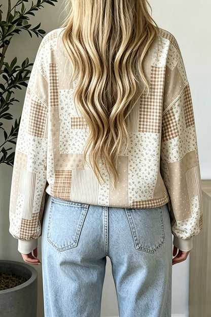 Sky Blue Patchwork Floral Print Mock Neck Long Sleeve Sweatshirt
