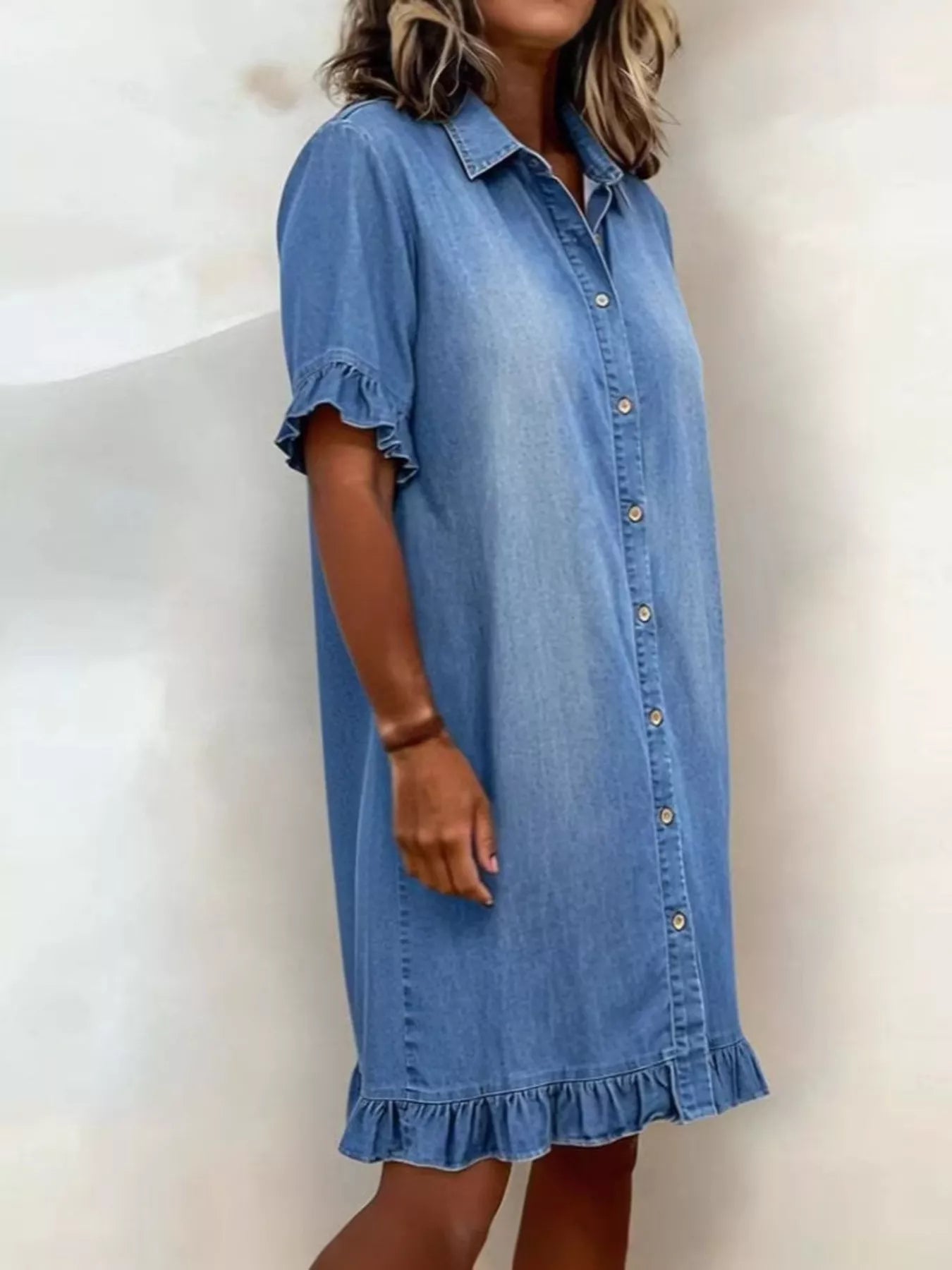 Full Size Ruffled Hem Denim Shirt Dress Plus Size