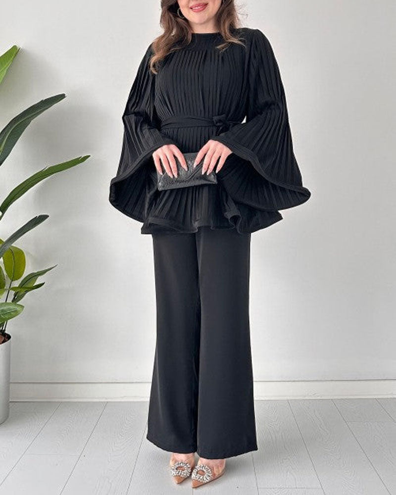 Fashion Round Neck Bat Sleeve Pleated Large Swing Top Suit