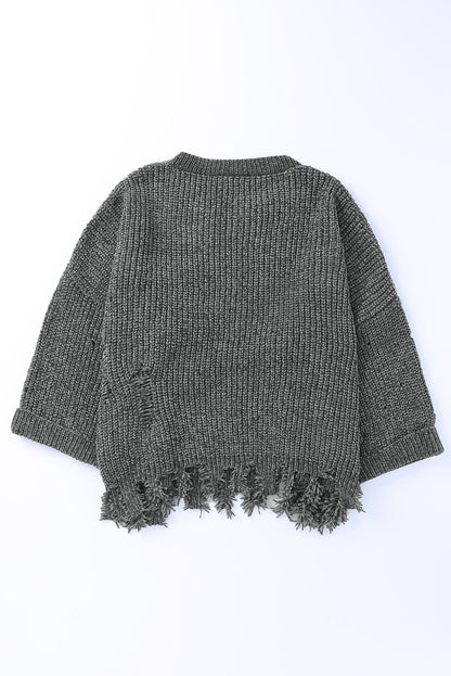 Blue Zone Planet | Distressed Round Neck Drop Shoulder Sweater