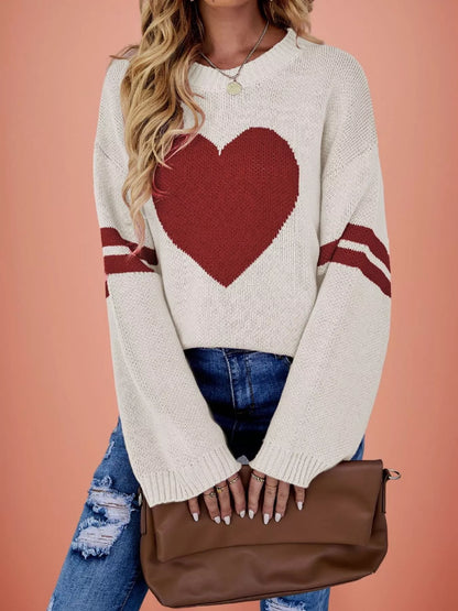 Heart Pattern Dropped Shoulder Sweater