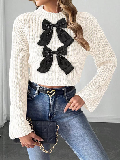 Bow-Decorated Mock Neck Cropped Sweater