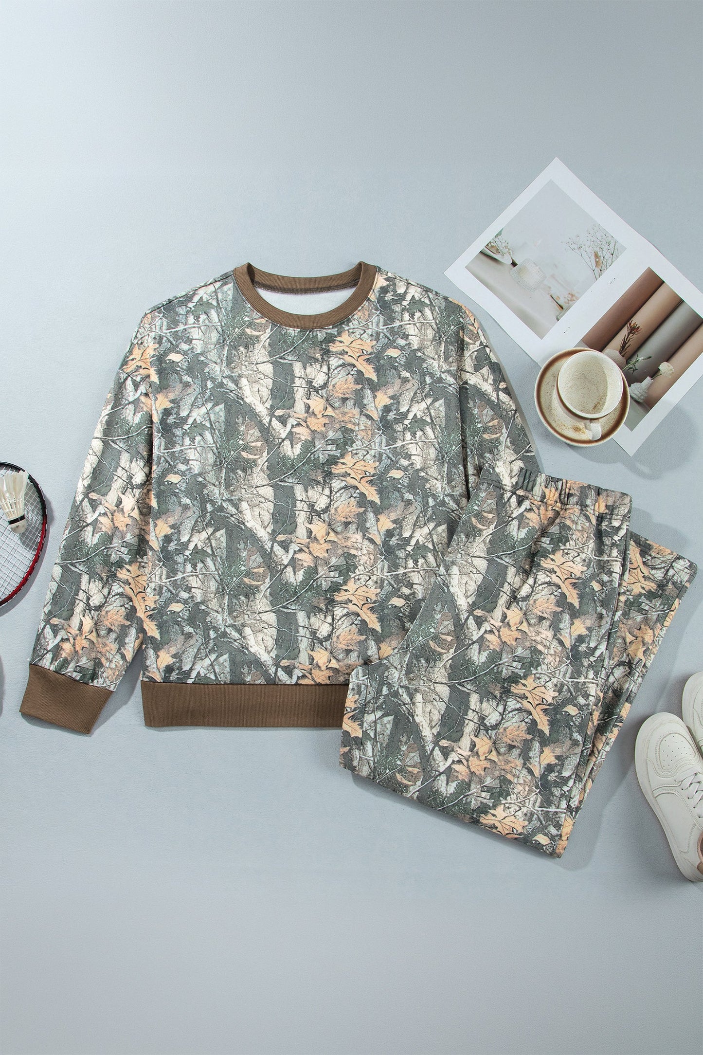 Brown Jungle Camouflage Print Ribbed Trim Long Sleeve Top Plus Size Pant Set
