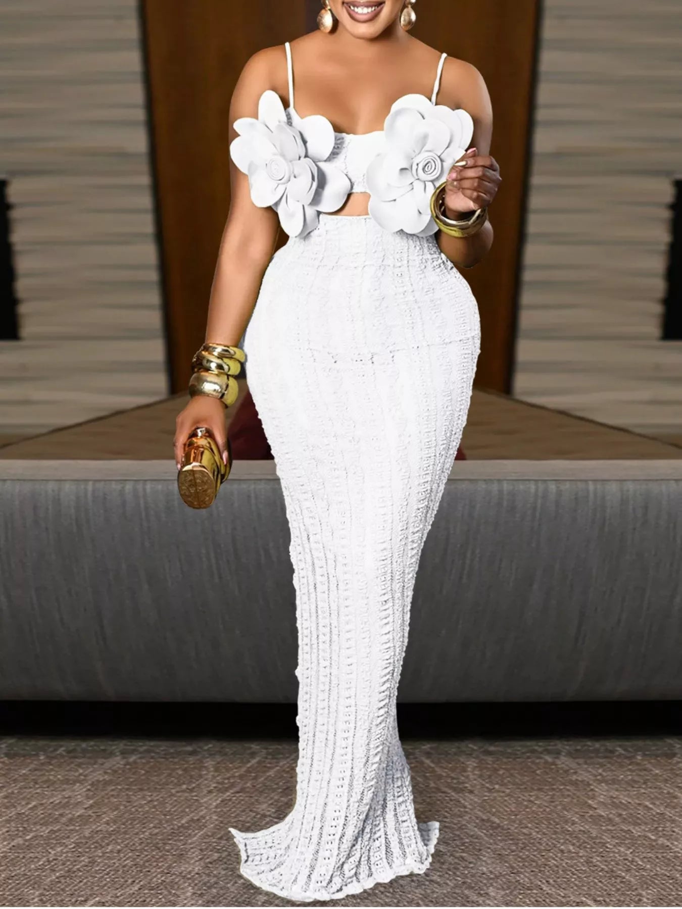 3D Flower Cutout Spaghetti Strap Bodycon Maxi Dress