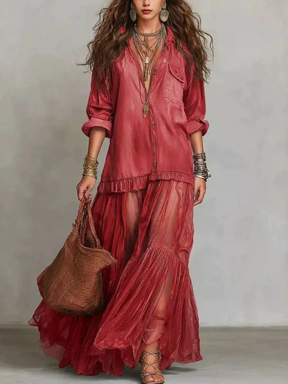 Full Size Tiered Long Sleeve Denim Shirt Maxi Dress Plus Size