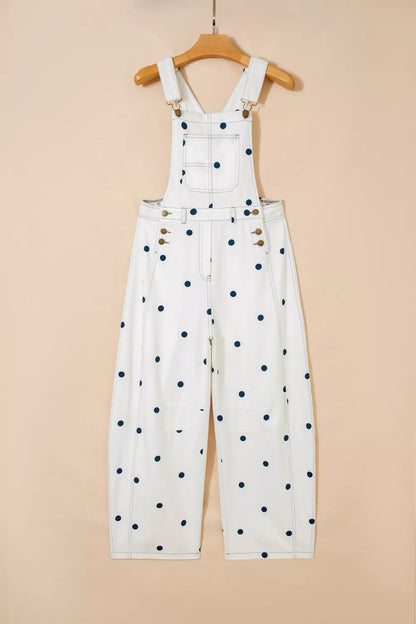 Polka Dot Print Bib Pocket Denim Barrel Overalls Jumpsuit