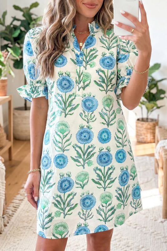 Sky Blue Floral Print Half Button Frilly Short Sleeve Dress