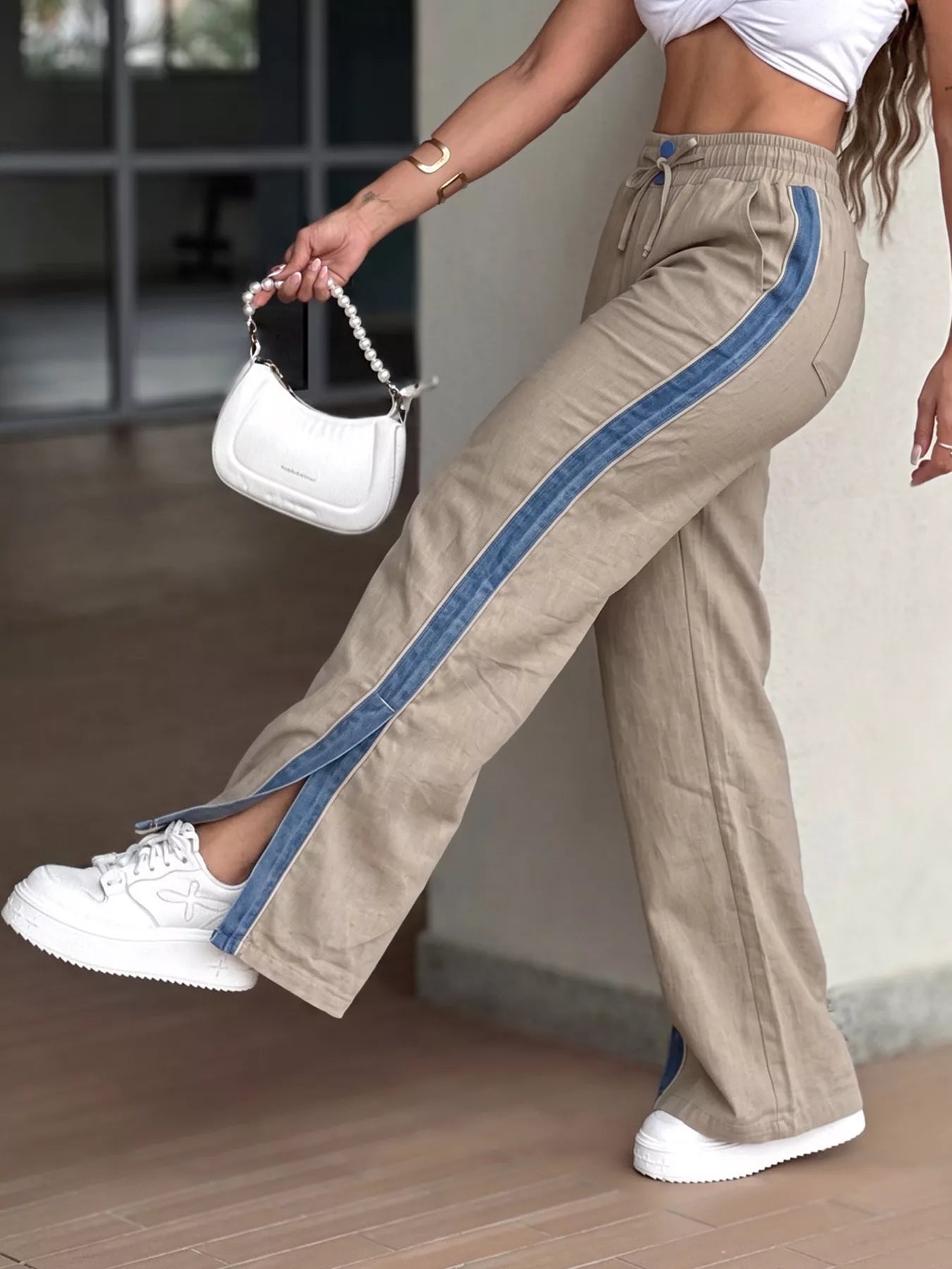 Contrast Side Panel Wide Leg Pants