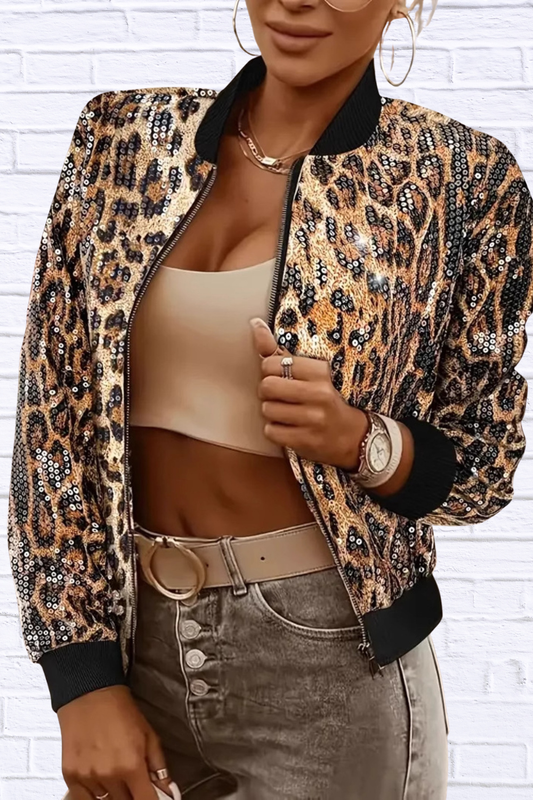 Sequin Leopard Zip Up Jacket