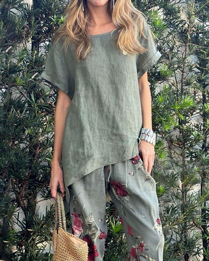 Casual Cotton And Linen Round Neck Top & Printed Pants Two-Piece Set