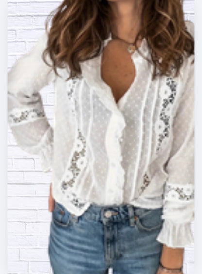 Lace Trimmed Swiss Dot Shirt