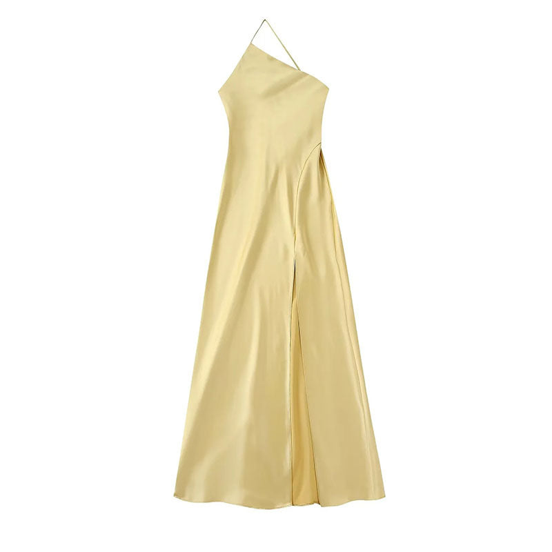 Asymmetrical Yellow Satin Slim-fit Dress