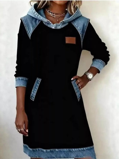 Full Size Denim Patchwork Hooded Sweatshirt Dress Plus Size