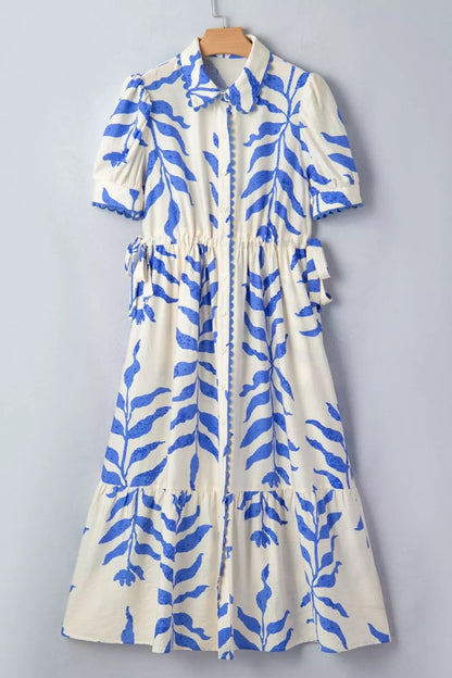 Leafy Botanical Print Side Tie Button Down Maxi Dress