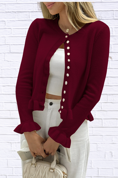 Ruffled Trim Button-Up Knit Cardigan